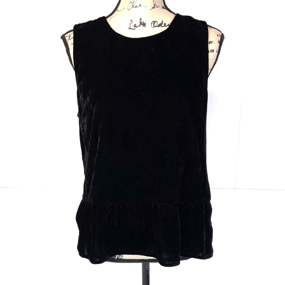 J Crew Women Size 10 Black Velvet Peplum Top Sleeveless Keyhole Back Lined
